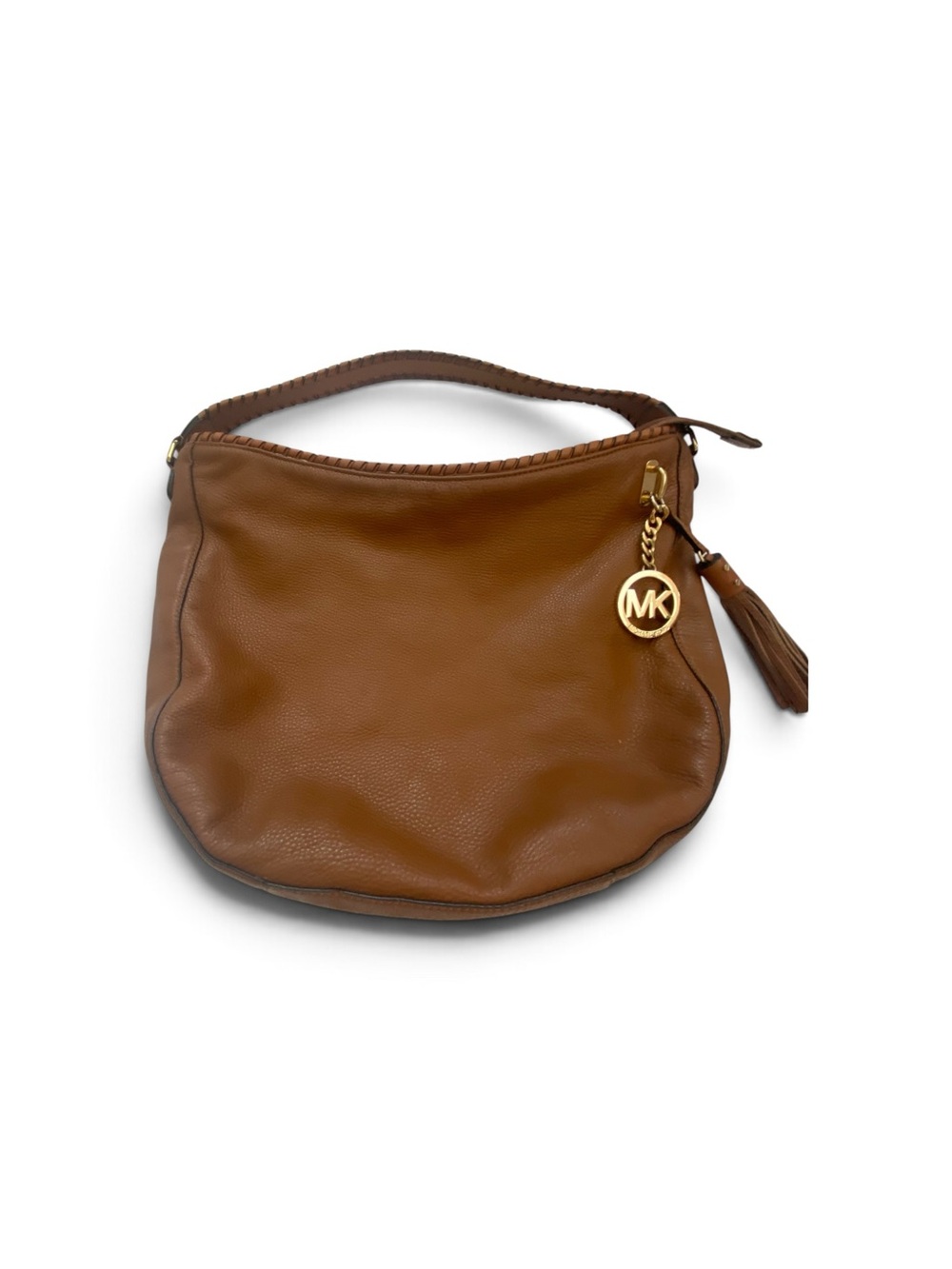Michael Kors Cognac Brown Leather Hobo with Gold MK Charm and Tassel